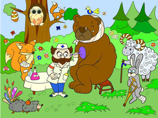 Obraz na płótnie Canvas Veterinarian treats animals in the forest raster illustration