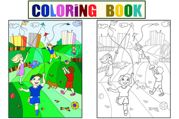 Children coloring, color, black and white game kite flying