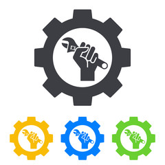 Icono plano engranaje y mano con llave inglesa en varios colores