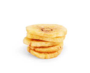 Pile of dried sliced bananas snack on a white background