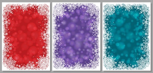Set of Christmas cards with white frame of snowflakes. Winter illustrations with ultra violet, green and red blurred bokeh backgrounds in Trend Colors of Fall and Winter 2018 and copy-space. Vector.