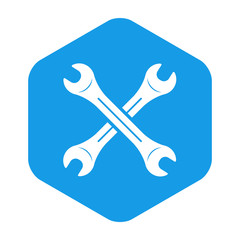 Icono plano llaves cruzadas en hexagono azul