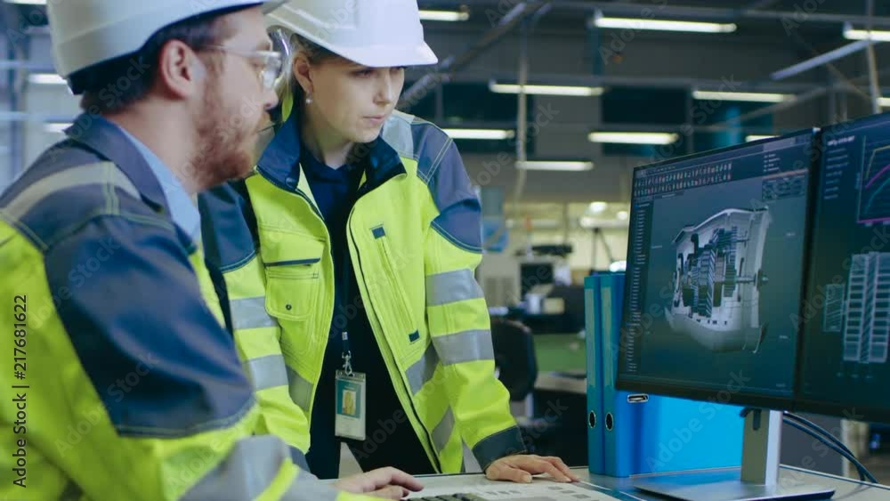 Poster inside factory male mechanical engineer and female chief engineer work together on the personal comp