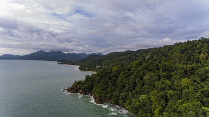 Aerial View of Koh Chang, Thailand with trees and blue water