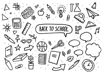 Back to school set. Vector Lettering and hand-drawn graphic. Education items. Vector illustration