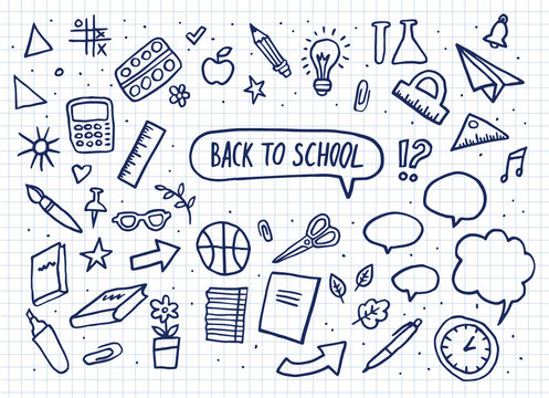 Back to school set. Vector Lettering and hand-drawn graphic. Education items. Vector illustration