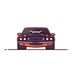 Front view of yellow muscle sport car with muscle, big engine. Challenge car for races. Line style vector illustration. Vehicle and transport banner. Retro style old car from 60s.