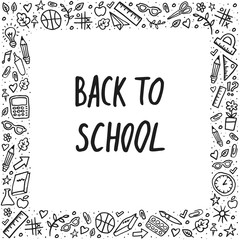 Back to school Vector Lettering and hand-drawn graphic. Template frame on white background. Vector illustration