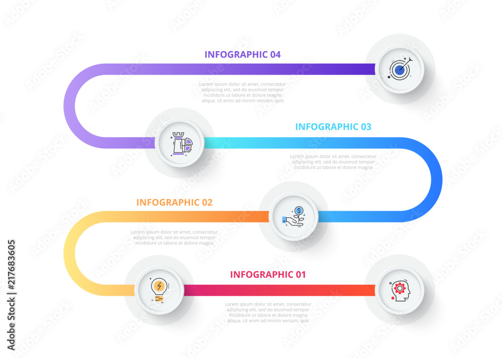 Poster Vector gradient timeline with circles. Business process infographics with 5 steps. Abstract presentation template. Modern vector infochart layout design.