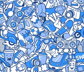 Wallpaper murals Graffiti Graffiti seamless pattern with urban lifestyle line icons. Crazy doodle abstract vector background. Trendy linear style collage with bizarre street art elements.