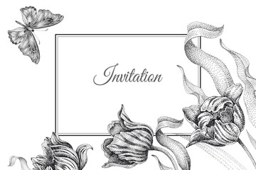 Wedding invitations templates cards with flowers tulips and butterfly.