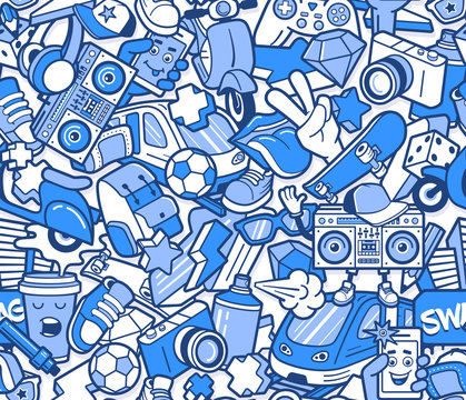 Graffiti seamless pattern with urban lifestyle line icons. Crazy doodle abstract vector background. Trendy linear style collage with bizarre street art elements.