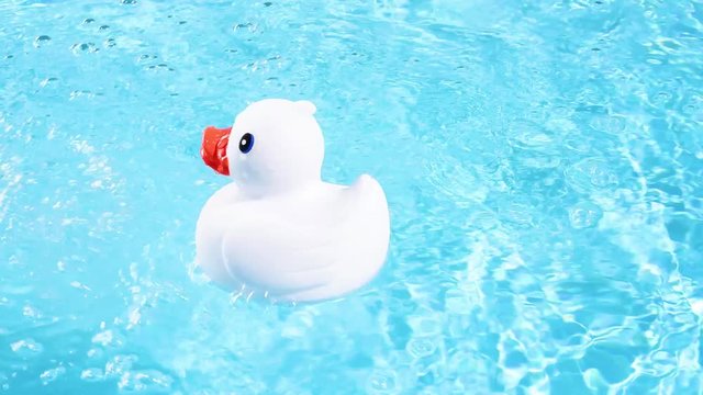 A white rubber duck floats easily and swims out of the picture to the right, on the crystal clear water of a pool with reflecting sunrays