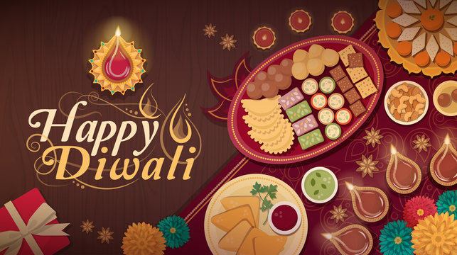Traditional Diwali celebration at home with food and lamps