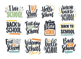 Bundle of Back to School inscriptions handwritten with cursive font and decorated with stationary or writing tools. Set of written phrases isolated on white background. Colorful vector illustration.