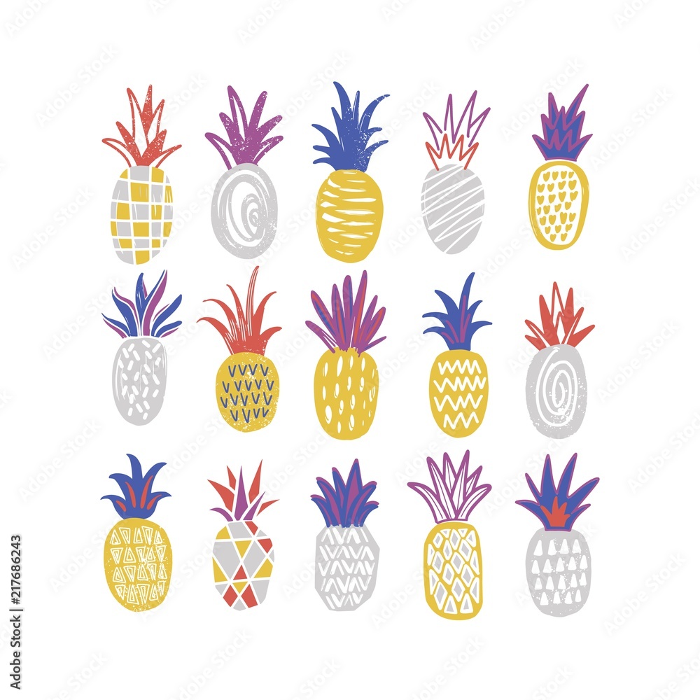 Poster bundle of stylized pineapples of various texture isolated on white background. collection of delicio