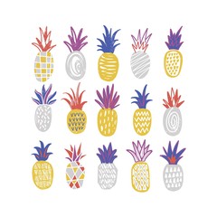 Bundle of stylized pineapples of various texture isolated on white background. Collection of delicious sweet exotic fresh juicy fruits. Colorful hand drawn vector illustration in trendy doodle style.