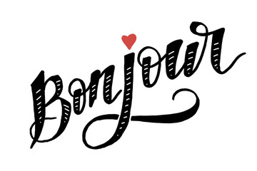 Bonjour Paris Phrase Vector Lettering Calligraphy Brush Black © 1emonkey