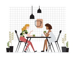 Pair of young women of girlfriends sitting at table, drinking tea and talking. Friendly meeting and conversation at cafe. Funny cartoon characters. Colored vector illustration in flat style.