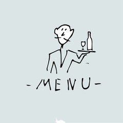 menu idea, waiter with tray, hand drawn