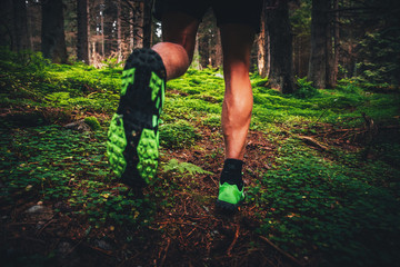 Trail shoes man running on trail through green forest