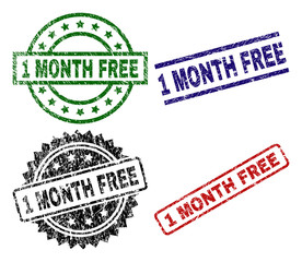 1 MONTH FREE seal prints with distress style. Black, green,red,blue vector rubber prints of 1 MONTH FREE caption with retro style. Rubber seals with round, rectangle, rosette shapes.