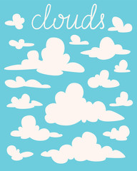 Set of white fluffy cartoon clouds on blue background. Vector illustration in flat style. Elements for your design, artwork, scene, website. Different nature cloudscape weather symbols. Silhouettes.