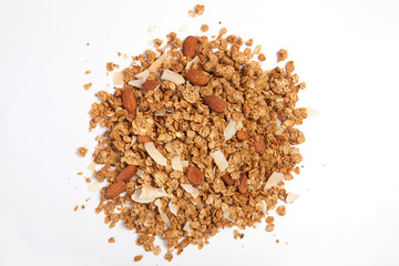 Close up pile Granola isolated on white background.