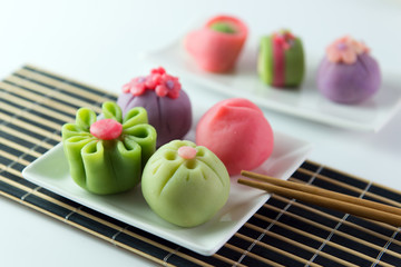 Japanese traditional confectionery cake wagashi served on plate