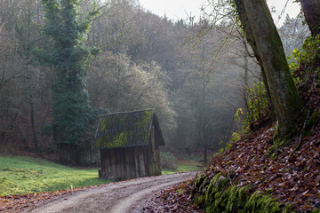 Wooden hay huts or cabins are used for storing hay and food for the animals during the hard winter time in the Black Forest and are placed every 100 meters in that area near Baiersbronn