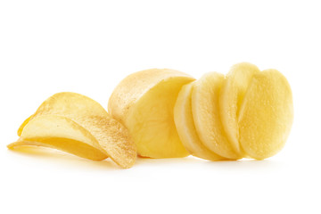 Fototapeta na wymiar crispy chips and raw potato on white background
