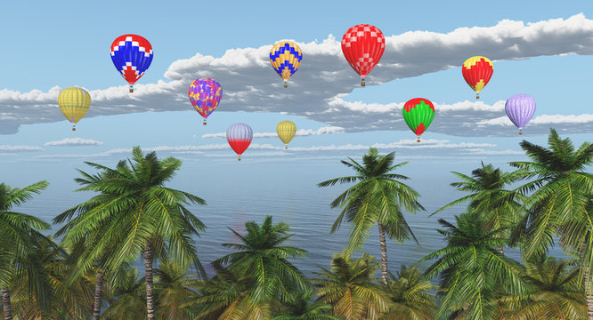 Palmen und Heißluftballone über dem Meer