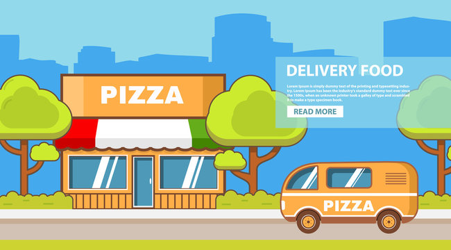 Delivery food. Building of a pizzeria. Small restaurant. Street cafe. Transportation also delivers van vehicle. Urban city landscape. Flat line art vector.Banner for the website.