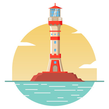 Lighthouse  seascape poster.Concept of design of an icon or logo for the website. Flat vector.Rock in sea tower.