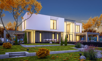 Fototapeta na wymiar 3d rendering of modern cozy house in the garden with garage for sale or rent with beautiful trees on background. Cool autumn evening with soft lights from windows.
