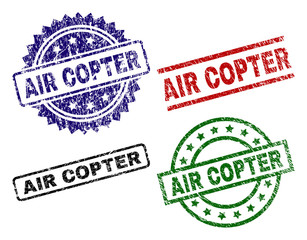 AIR COPTER seal prints with distress surface. Black, green,red,blue vector rubber prints of AIR COPTER text with scratched surface. Rubber seals with circle, rectangle, medallion shapes.