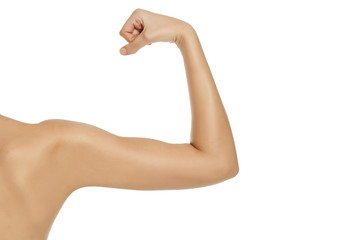 woman showing her srtong hand on white background