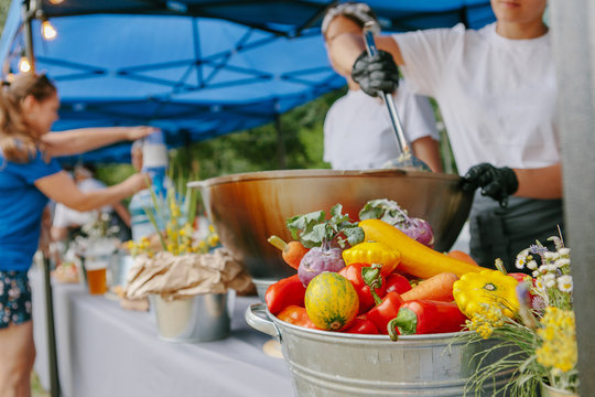 Summer picnic in nature outside the city. Decorations, flowers, food, rug