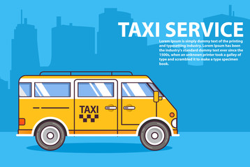 Yellow taxi minivan.Vehicle car urban city buildings of a tower skyscraper silhouette.Design concept poster.Element template for label.Flat line art vector. Van side view.