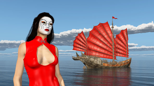Asian woman with theatrical makeup and Chinese junk ship