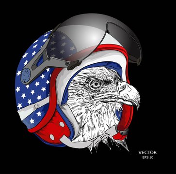 Image Portrait eagle in American motorcycle helmet. Vector illustration.