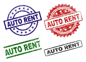 AUTO RENT seal prints with damaged style. Black, green,red,blue vector rubber prints of AUTO RENT caption with corroded style. Rubber seals with circle, rectangle, medal shapes.