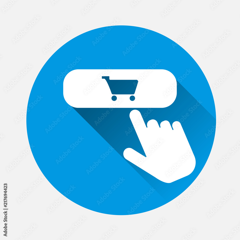 Poster basket button vector icon with a flat shadow. the hand presses the add to cart button on the interne