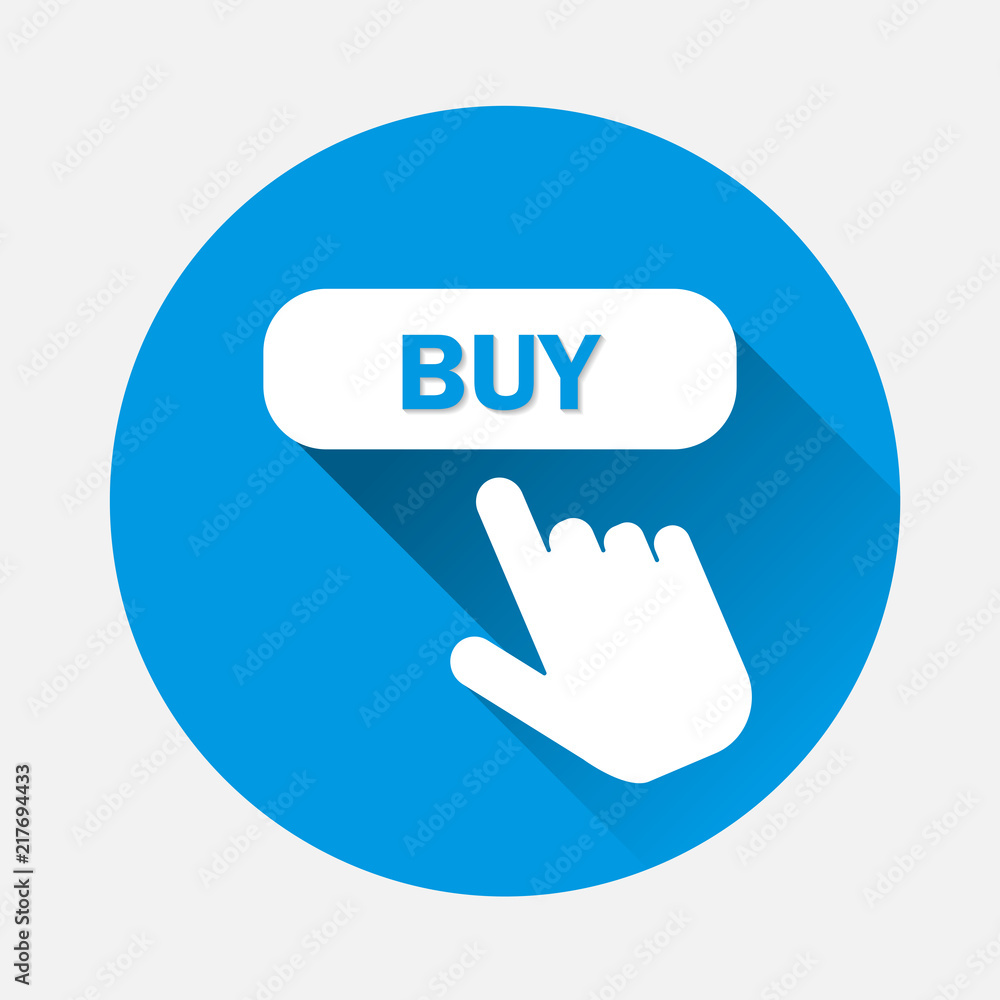 Aufkleber buy button vector icon with a flat shadow. the hand presses the buy button on the internet. layers g