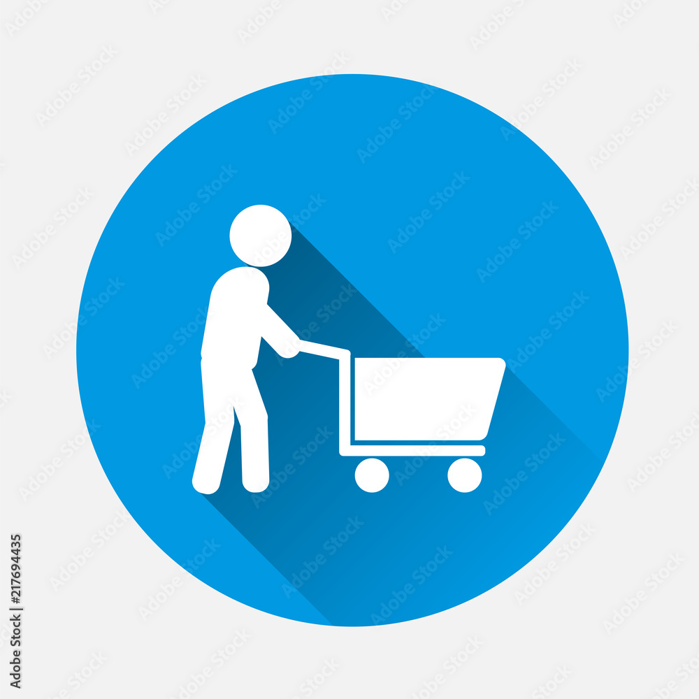 Poster man walking with shopping cart. vector illustration on blue background. flat image porter man with l