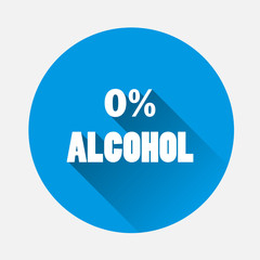 0% alcohol. Vector icon on blue background. Flat image alcohol-free with long shadow. Layers grouped for easy editing illustration. For your design.