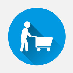 Man walking with shopping cart. Vector illustration on blue background. Flat image  porter man with long shadow. Layers grouped for easy editing illustration. For your design.