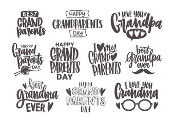 Set of Grandparents Day inscriptions or letterings isolated on white background. Bundle of festive wishes and slogans written with elegant cursive fonts. Monochrome decorative vector illustration.