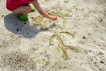 A funny little man, painted by the hand of a little girl on yellow river sand. Sand animation. The girl's hands are drawing.
