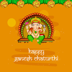 illustration of Hindu God Ganesh with happy Ganesh Chaturthi text on the occasion of Hindu Festival Ganesh Chaturthi 
